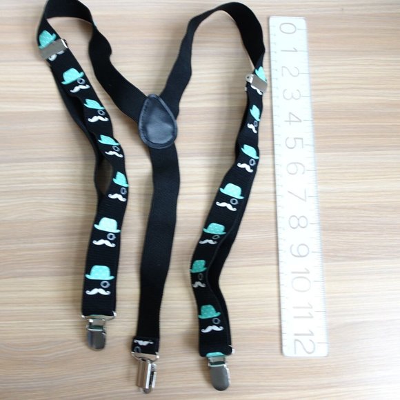 Suspender Boy Black Blue Clip On Y Back‎ Adjustable Stretch Monocle Silhouette - Picture 4 of 6